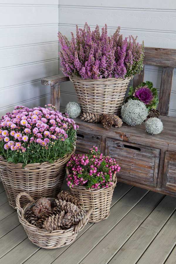 Rattan baskets as a flower pot ideas for lavender and collectibles #flowerpot #planter #gardens #gardenideas #gardeningtips #decorhomeideas