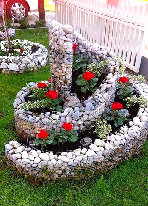 Spiral gabion planter with flowers