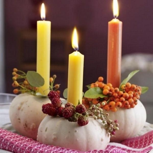 White pumpkins and candles centerpiece #pumpkindecor #centerpiece #falldecor #decorhomeideas