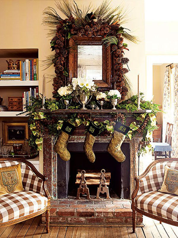 Rustic Fireplace Pinecone Decor #Christmas #Christmasdecor #pinecones #crafts #decorhomeideas