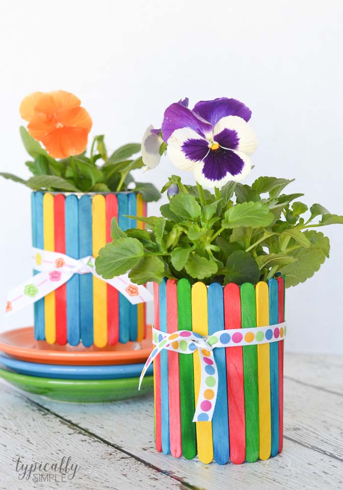 Craft Stick Flower Pots #easter #diy #dollarstore #crafts #kids #decorhomeideas