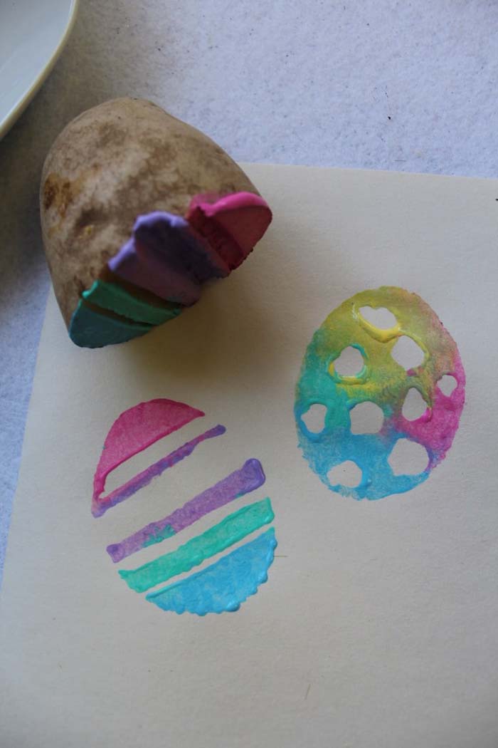 Potato Stamp Easter Eggs #easter #diy #dollarstore #crafts #kids #decorhomeideas