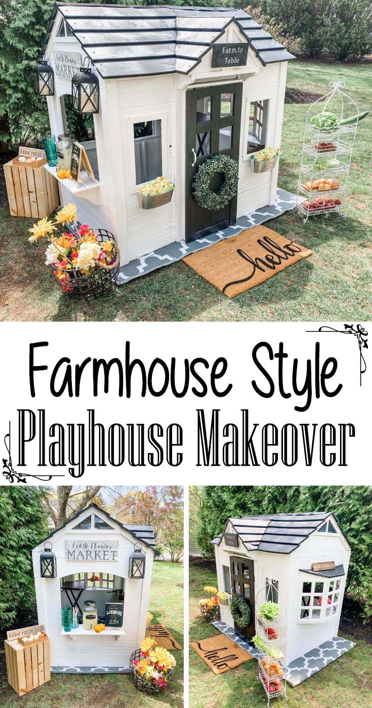 Farm Style Playhouse Makeover. How to convert and old and worn playhouse into an adorable outdoor farmhouse style playhouse. #farmhouse #playhouse #makeover #diy #decorhomeideas