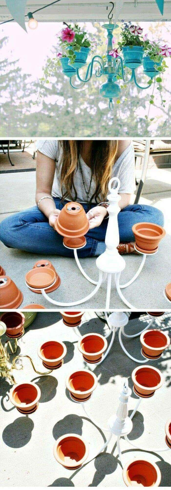 DIY Clay Flower Pot Craft with Chandeliers #flowerpot #clay #garden #decorhomeideas