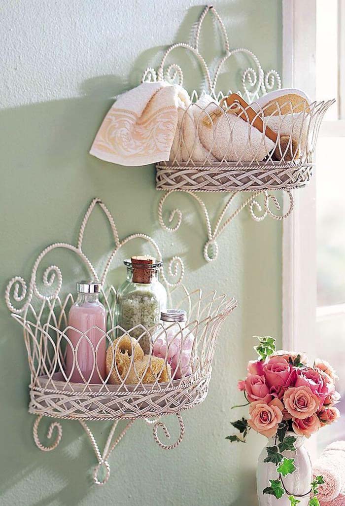 Mounted Wire Basket Bathroom Storage #shabbychic #bathroom #decorhomeideas