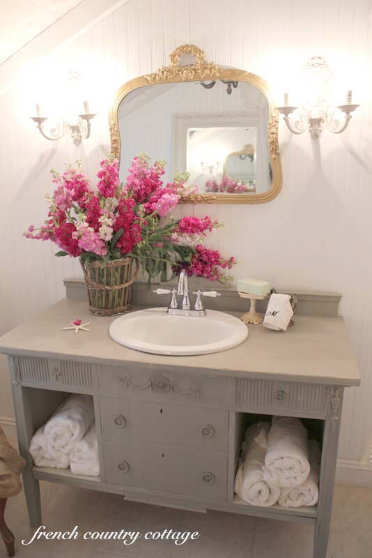 Repurposed Sideboard Sink Vanity with Storage #shabbychic #bathroom #decorhomeideas