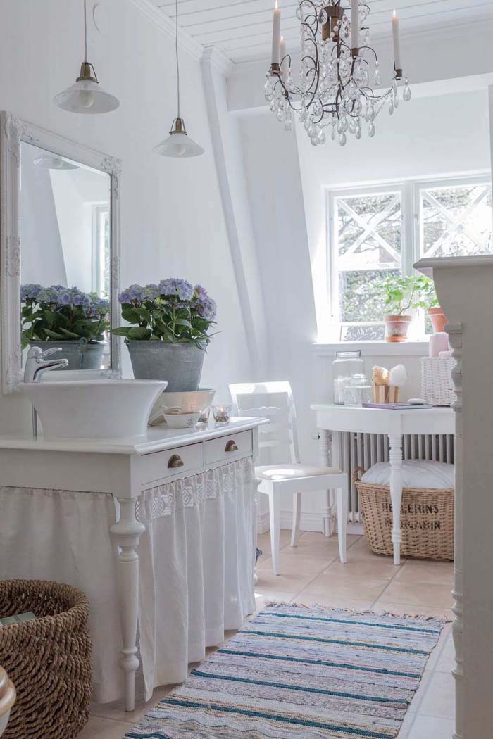 Repurposed Table Vanity with Dust Ruffle #shabbychic #bathroom #decorhomeideas