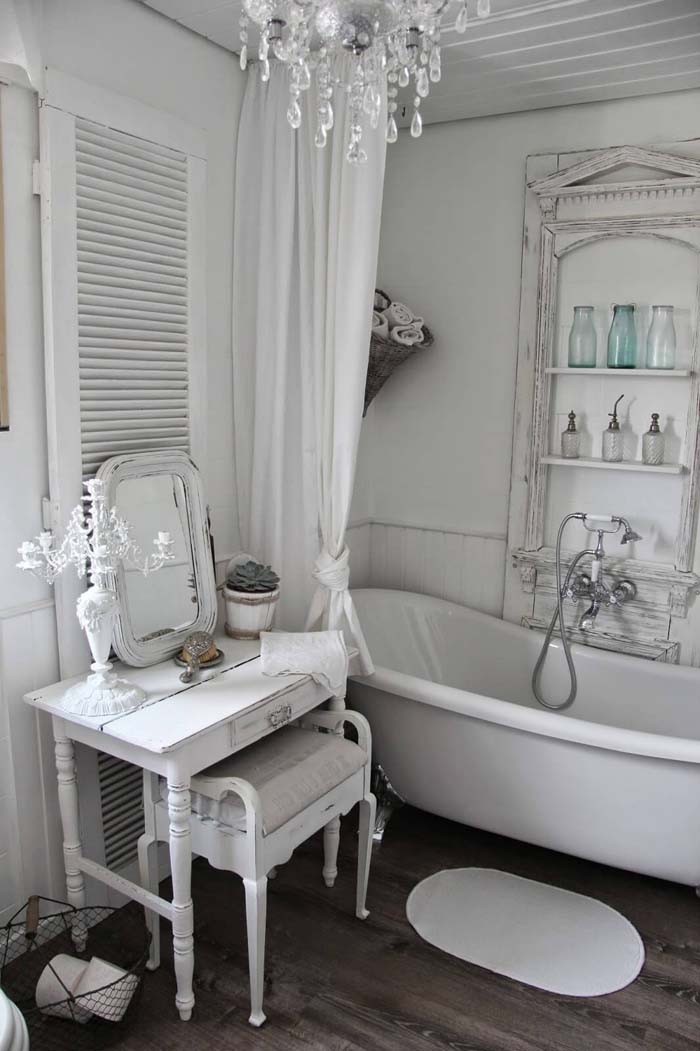 Shabby Chic Dressing Table and Tub Shelving #shabbychic #bathroom #decorhomeideas