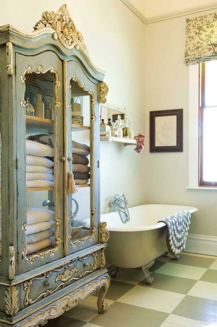Upcycled Armoire Bathroom Linen Closet #shabbychic #bathroom #decorhomeideas