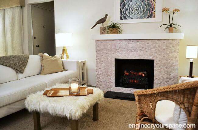 Beige and Gray Pebbled Neutral Tiled Fireplace #fireplace #design #decorhomeideas