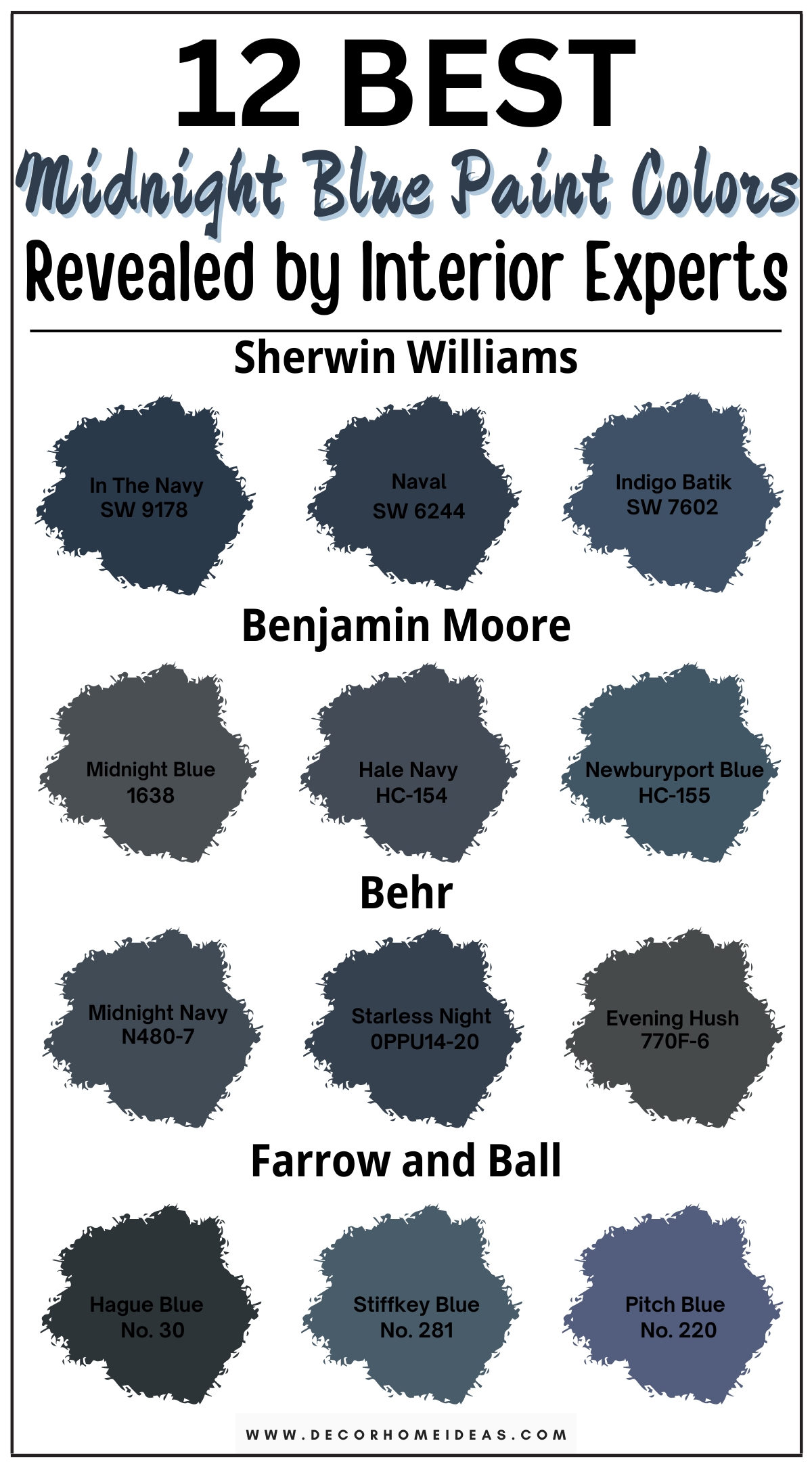 Discover 12 deep midnight blue paint colors that bring a sophisticated and dramatic look to your home. These rich, dark shades of blue create a moody yet elegant atmosphere, perfect for adding depth and refinement to any room. From inky blues to velvety navy hues, explore designer-recommended colors that provide a luxurious and timeless feel. Ideal for bedrooms, living rooms, or accent walls, these midnight blue paint colors offer a striking backdrop that transforms your space into a chic and modern retreat.