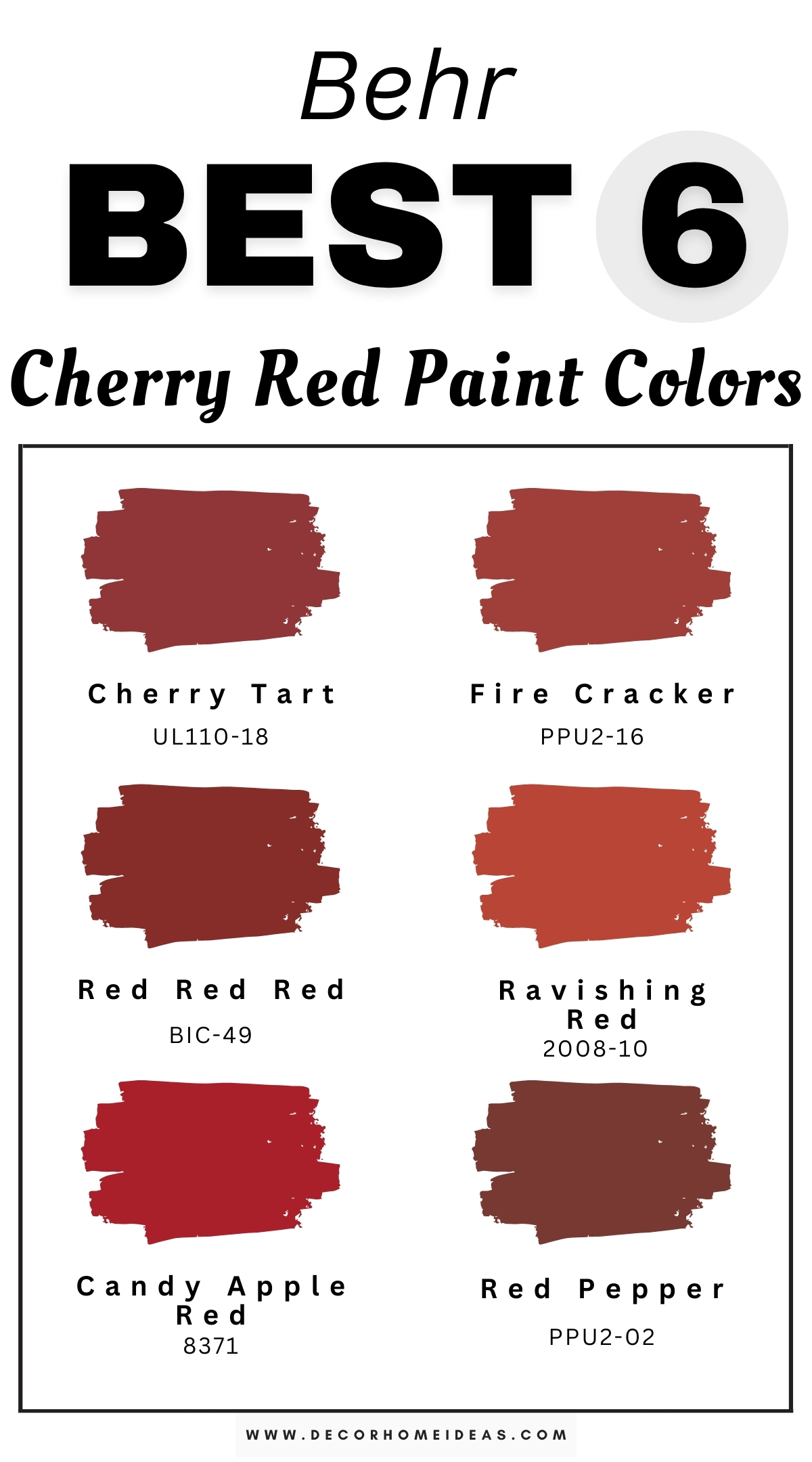 Discover 6 vibrant cherry red paint colors by Behr that bring an energetic and joyful touch to any space. These bold shades of cherry red are perfect for creating a striking focal point in kitchens, living rooms, or accent walls, infusing your home with warmth and character. Designer-recommended for their lively appeal and versatility, these Behr cherry red hues can complement a variety of decor styles, from contemporary to classic. Transform your interiors with these vibrant cherry red paint colors for a cheerful and inviting atmosphere that makes a statement.